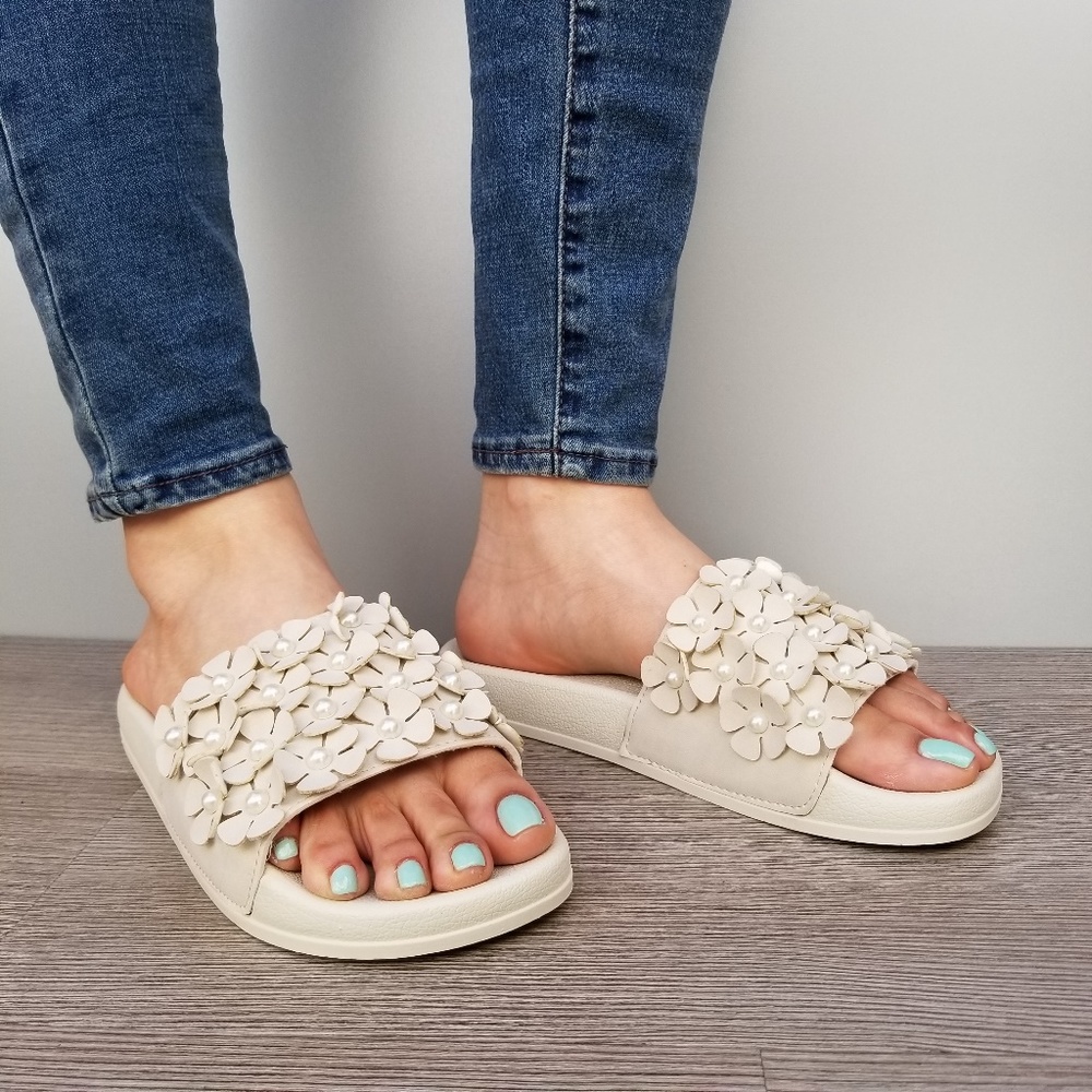 Beige Slider Sandal Flower and Pearl Accents-A - Picture 2 of 6